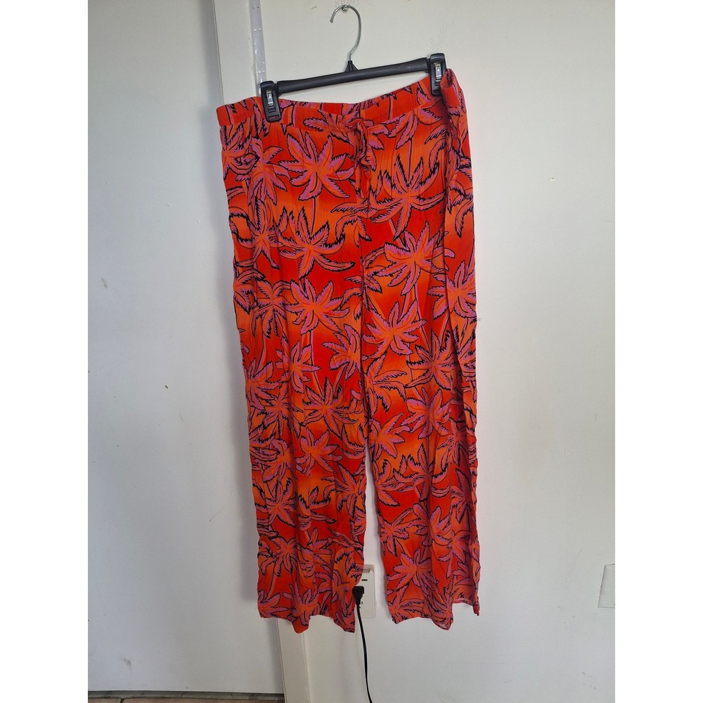 Mynah XXL Red Orange Tropical Palm Leaf Print Wide Leg Rayon Pants Drawstring